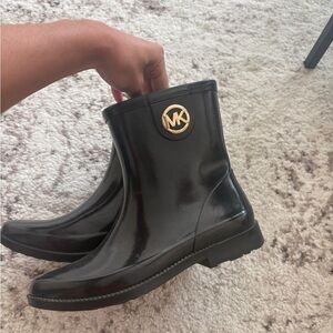 Michael Kors Glossy Black Boots with Gold Logo